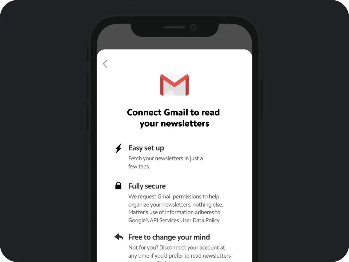 Screenshot of the "Connect Gmail to read your newsletters" integration screen in iOS