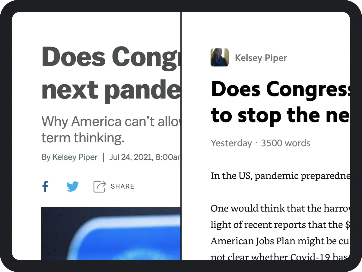 Side-by-side comparison of an article on the web and that same article in the Matter web extension reader view.